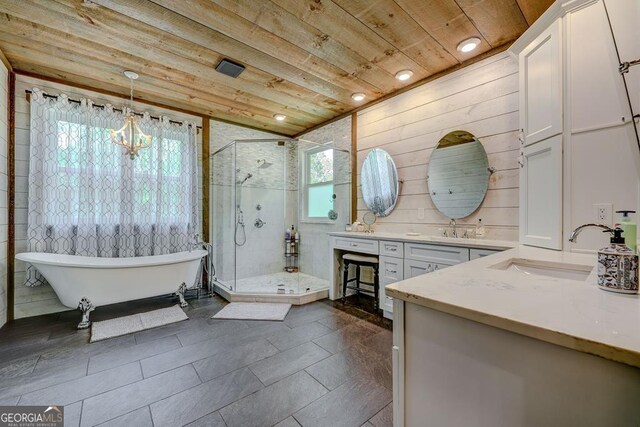 full bath featuring a sink, wooden ceiling, a stall shower, double vanity, and a notable chandelier
