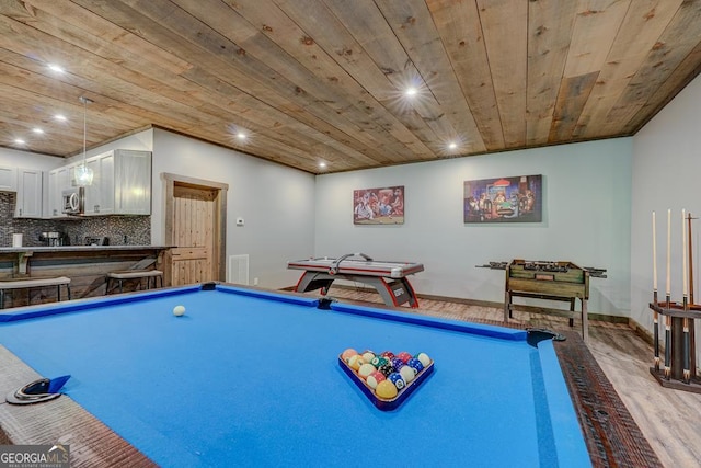 game room featuring wooden ceiling, recessed lighting, pool table, and wood finished floors