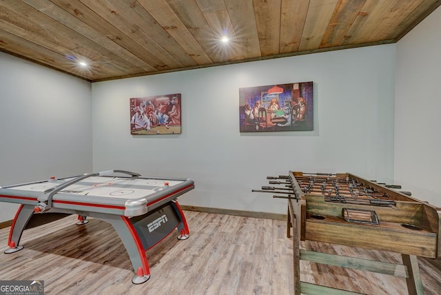 game room with wooden ceiling, recessed lighting, baseboards, and wood finished floors