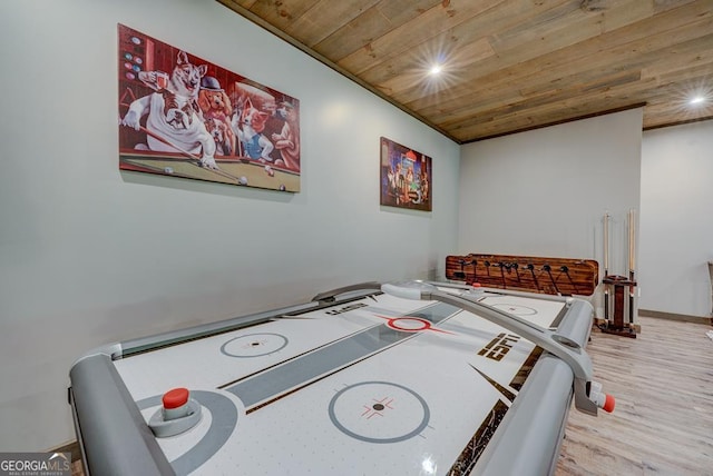 recreation room featuring recessed lighting, wood ceiling, and wood finished floors