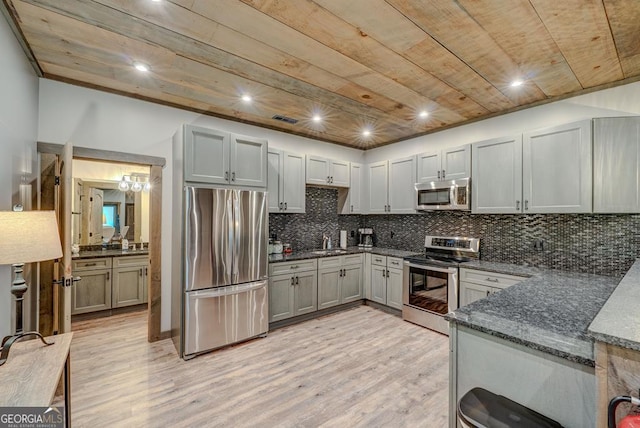 kitchen with light wood-style flooring, dark stone countertops, a sink, stainless steel appliances, and wooden ceiling