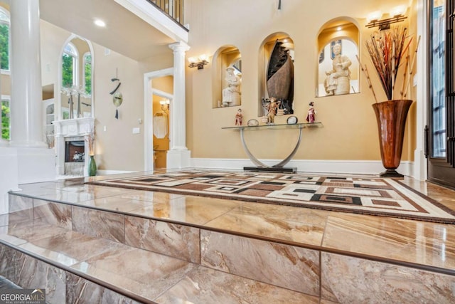 3364 Kylee Dawn Cir, Lawrenceville, GA 30045 - interior space with baseboards, marble finish floor, recessed lighting, and ornate columns