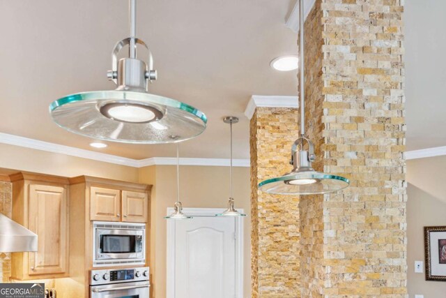 3364 Kylee Dawn Cir, Lawrenceville, GA 30045 - details with stainless steel microwave, crown molding, and wall oven