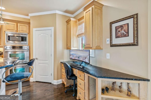 3364 Kylee Dawn Cir, Lawrenceville, GA 30045 - office space with baseboards, built in desk, crown molding, and dark wood-style floors