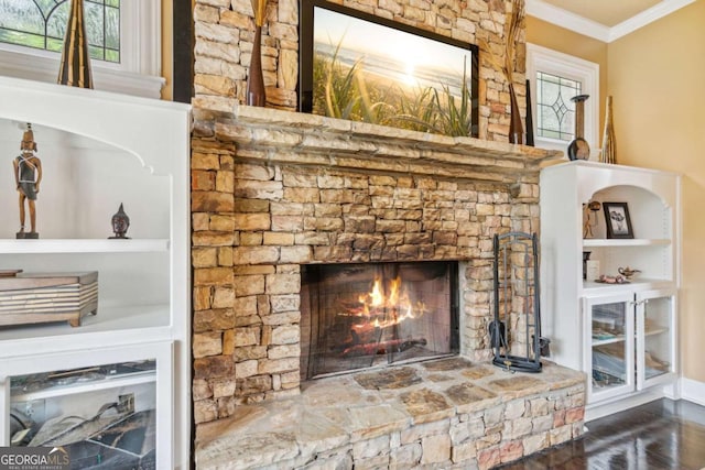3364 Kylee Dawn Cir, Lawrenceville, GA 30045 - detailed view of ornamental molding, a fireplace, and wood finished floors