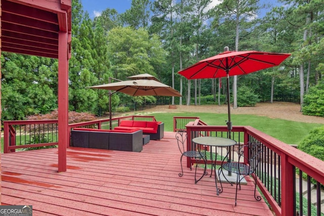 3364 Kylee Dawn Cir, Lawrenceville, GA 30045 - deck with an outdoor hangout area, a yard, and view of wooded area