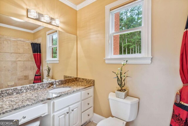 3364 Kylee Dawn Cir, Lawrenceville, GA 30045 - bathroom with toilet, a shower with curtain, vanity, and crown molding