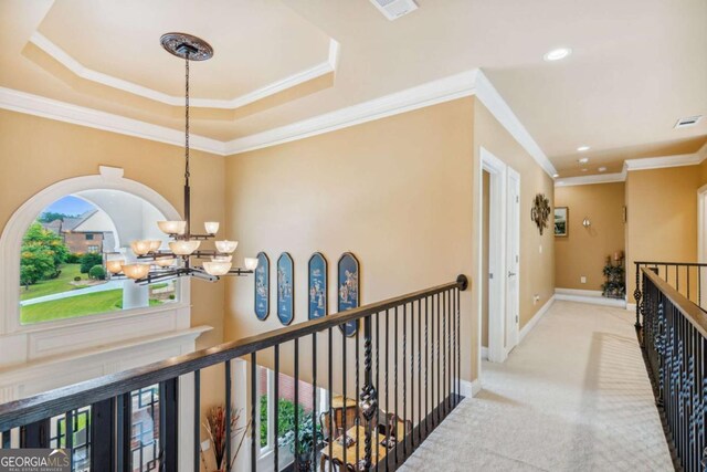 3364 Kylee Dawn Cir, Lawrenceville, GA 30045 - hall featuring a notable chandelier, baseboards, ornamental molding, visible vents, and carpet floors