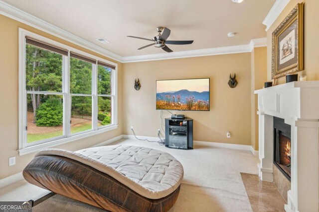 3364 Kylee Dawn Cir, Lawrenceville, GA 30045 - interior space featuring crown molding, visible vents, ceiling fan, and carpet