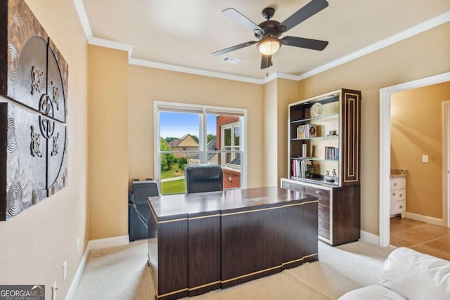 3364 Kylee Dawn Cir, Lawrenceville, GA 30045 - home office featuring ceiling fan, crown molding, and light colored carpet