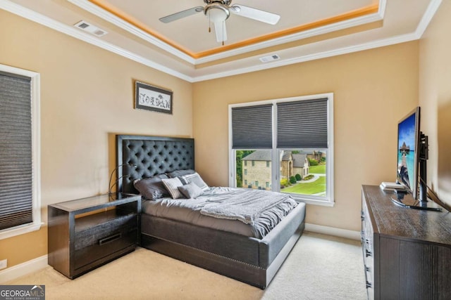 3364 Kylee Dawn Cir, Lawrenceville, GA 30045 - carpeted bedroom with a raised ceiling, crown molding, and ceiling fan