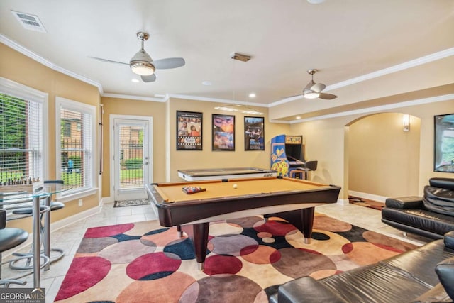 3364 Kylee Dawn Cir, Lawrenceville, GA 30045 - game room featuring ceiling fan, light tile patterned floors, arched walkways, ornamental molding, and billiards table