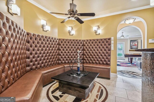 3364 Kylee Dawn Cir, Lawrenceville, GA 30045 - interior space with crown molding, ceiling fan, and arched walkways
