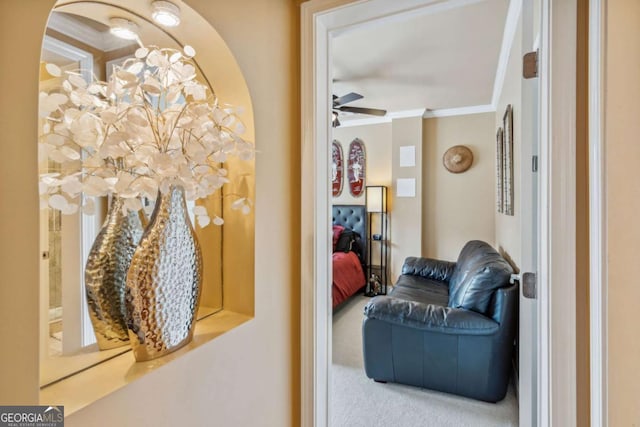 3364 Kylee Dawn Cir, Lawrenceville, GA 30045 - sitting room with crown molding, carpet floors, and ceiling fan
