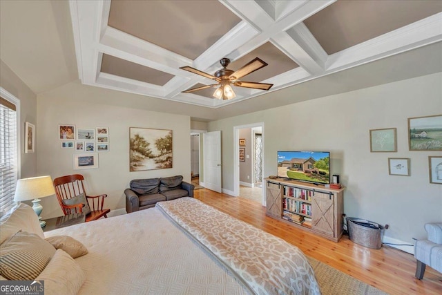 bedroom featuring baseboards, beam ceiling, coffered ceiling, and wood finished floors