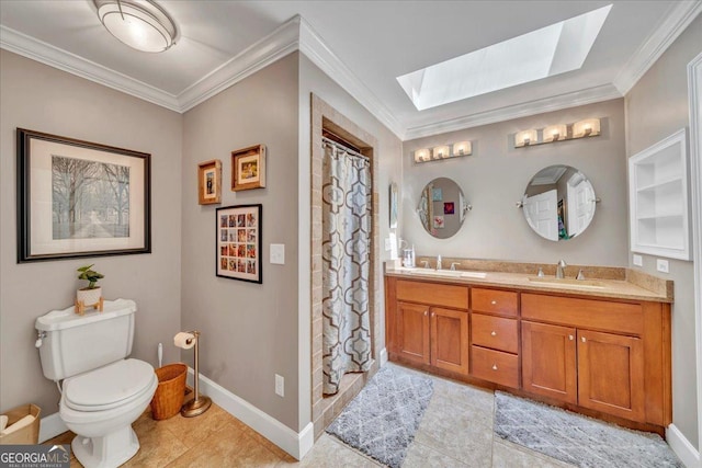 bathroom with a sink, ornamental molding, and a skylight