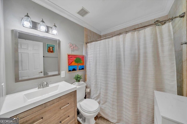 bathroom with toilet, crown molding, curtained shower, visible vents, and vanity