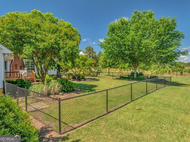 view of yard featuring a fenced backyard and a deck