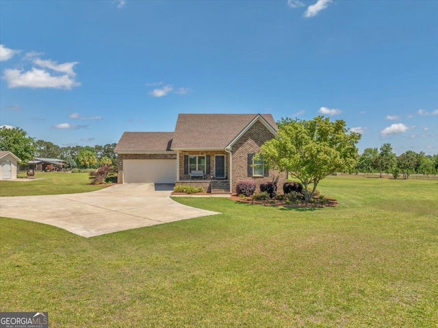 view of front of property featuring a front lawn, brick siding, a garage, and concrete driveway