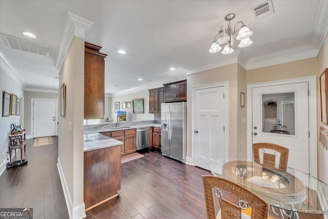 kitchen with ornamental molding, dishwasher, light countertops, dark wood-style floors, and refrigerator with ice dispenser