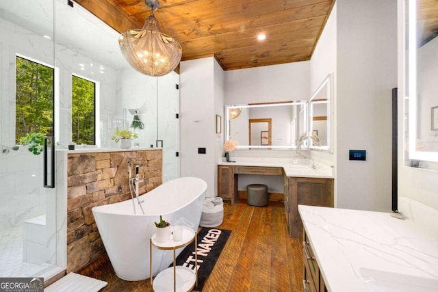 51 Birdseye Vw, Blue Ridge, GA 30513 - full bath featuring wood ceiling, vanity, a freestanding bath, hardwood / wood-style flooring, and a marble finish shower