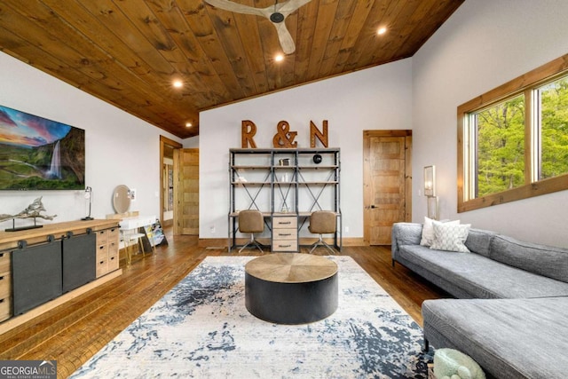 51 Birdseye Vw, Blue Ridge, GA 30513 - living area featuring lofted ceiling, recessed lighting, wooden ceiling, baseboards, and wood finished floors