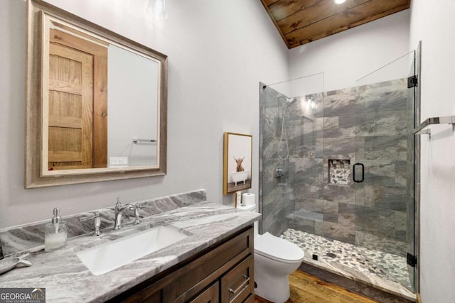 51 Birdseye Vw, Blue Ridge, GA 30513 - full bathroom with toilet, wood finished floors, vanity, a stall shower, and wooden ceiling