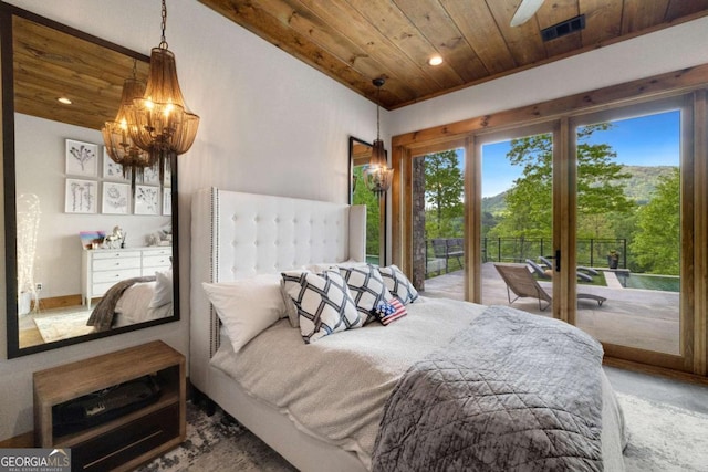 51 Birdseye Vw, Blue Ridge, GA 30513 - bedroom with a notable chandelier, recessed lighting, visible vents, wood ceiling, and access to exterior