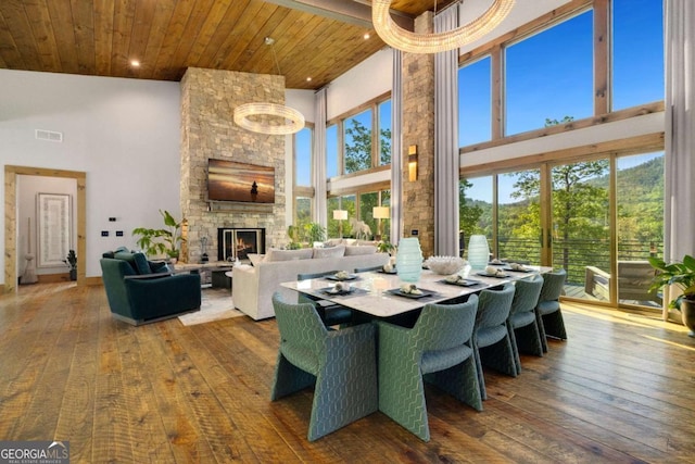 51 Birdseye Vw, Blue Ridge, GA 30513 - dining room featuring hardwood / wood-style floors, visible vents, and a high ceiling