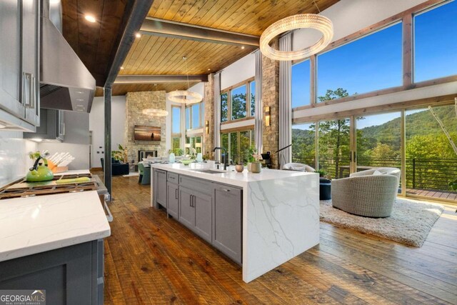 51 Birdseye Vw, Blue Ridge, GA 30513 - kitchen featuring wood ceiling, open floor plan, high vaulted ceiling, and gray cabinets