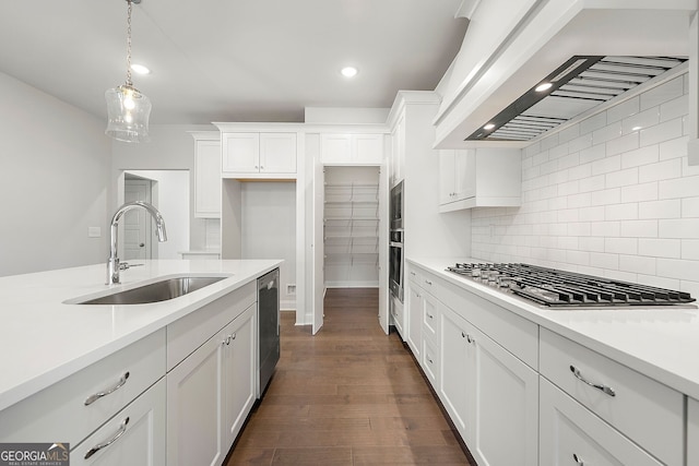 kitchen featuring custom exhaust hood, a sink, white cabinetry, light countertops, and appliances with stainless steel finishes