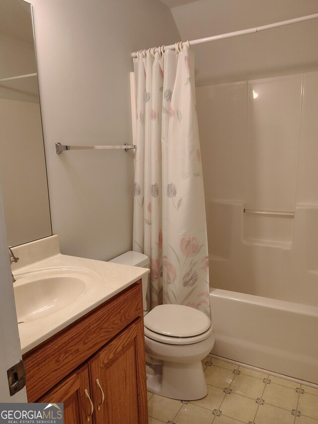 full bathroom with vanity, toilet, and shower / bathtub combination with curtain