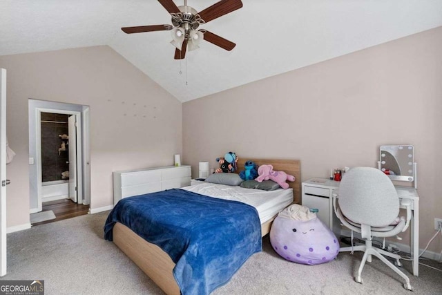 4971 Sharp Way, Duluth, GA 30096 - bedroom with carpet, lofted ceiling, baseboards, and a ceiling fan