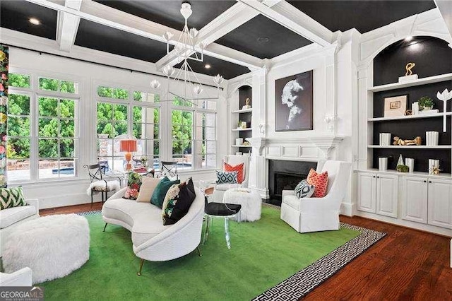 13922 Tree Loft Rd, Milton, GA 30004 - living room featuring dark wood-style flooring, coffered ceiling, and a wealth of natural light