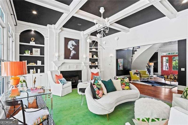 13922 Tree Loft Rd, Milton, GA 30004 - living room with coffered ceiling, built in features, a fireplace, and beam ceiling