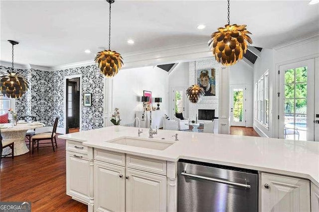 13922 Tree Loft Rd, Milton, GA 30004 - kitchen featuring dishwasher, light countertops, plenty of natural light, and ornamental molding