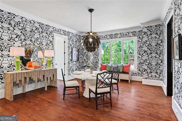13922 Tree Loft Rd, Milton, GA 30004 - dining space featuring baseboards, ornamental molding, wallpapered walls, and wood finished floors