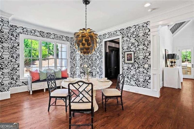 13922 Tree Loft Rd, Milton, GA 30004 - dining space with wallpapered walls, crown molding, and dark wood-style floors