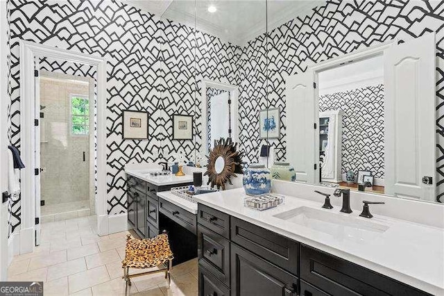 13922 Tree Loft Rd, Milton, GA 30004 - full bath with wallpapered walls, crown molding, tile patterned flooring, a shower stall, and vanity