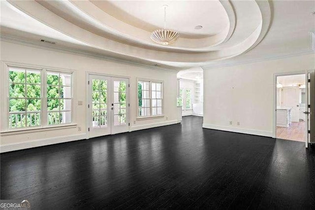 13922 Tree Loft Rd, Milton, GA 30004 - interior space with crown molding, a raised ceiling, baseboards, and dark wood-type flooring