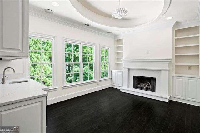 13922 Tree Loft Rd, Milton, GA 30004 - unfurnished living room with a sink, crown molding, dark wood finished floors, built in shelves, and a fireplace with raised hearth