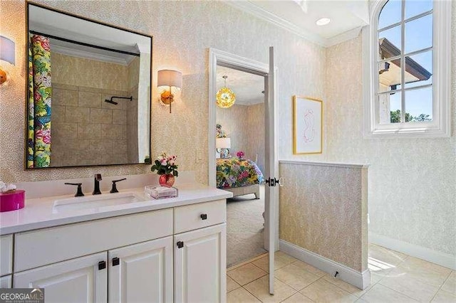 13922 Tree Loft Rd, Milton, GA 30004 - bathroom featuring wallpapered walls, crown molding, tile patterned flooring, baseboards, and vanity