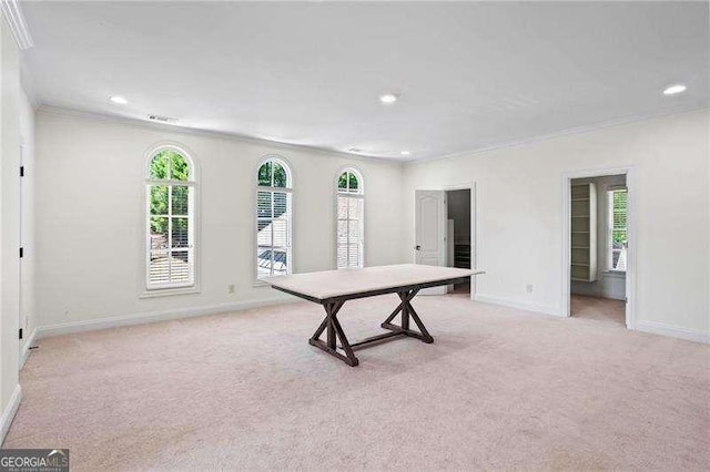 13922 Tree Loft Rd, Milton, GA 30004 - game room featuring baseboards, recessed lighting, light carpet, and crown molding