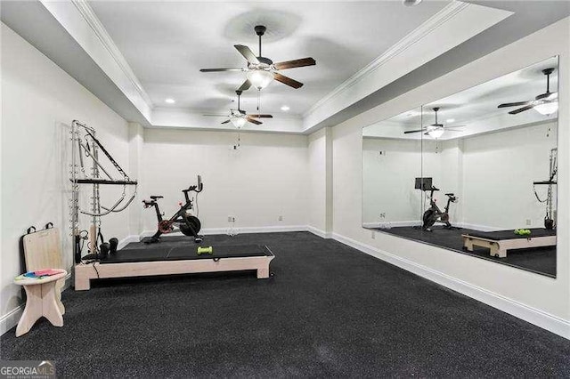 13922 Tree Loft Rd, Milton, GA 30004 - exercise area featuring baseboards, a raised ceiling, and ceiling fan