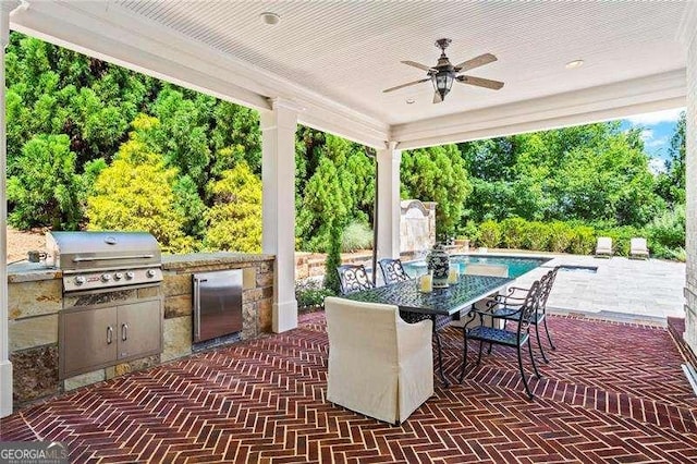 13922 Tree Loft Rd, Milton, GA 30004 - view of patio featuring area for grilling, outdoor dining area, a ceiling fan, and an outdoor pool