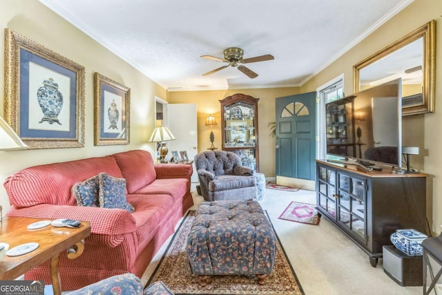 292 Lumpkin St, Winder, GA 30680 - living room with a ceiling fan, light carpet, and crown molding