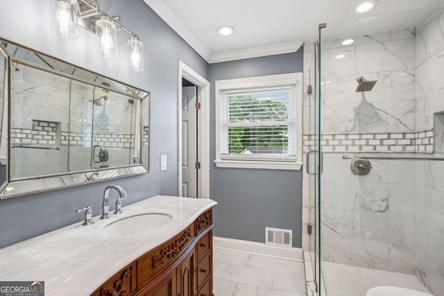 bathroom featuring a stall shower, visible vents, baseboards, marble finish floor, and vanity