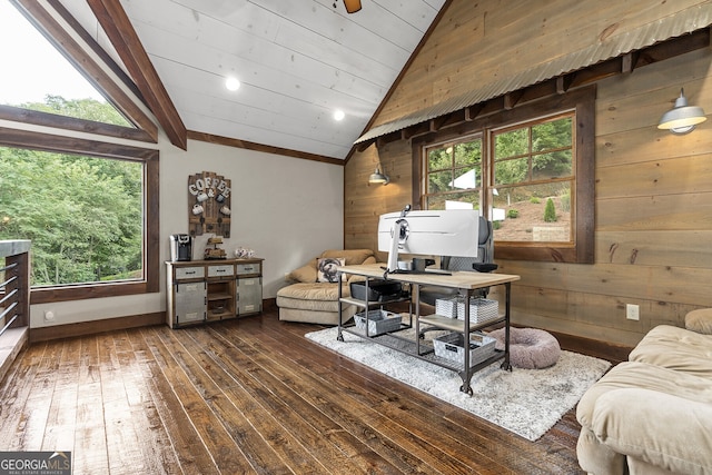 264 Pontoosuc Dr, Mineral Bluff, GA 30559 - office with recessed lighting, baseboards, wood-type flooring, wooden walls, and vaulted ceiling