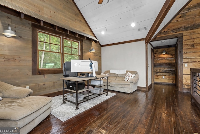 264 Pontoosuc Dr, Mineral Bluff, GA 30559 - living area with vaulted ceiling, visible vents, wood-type flooring, and wooden walls