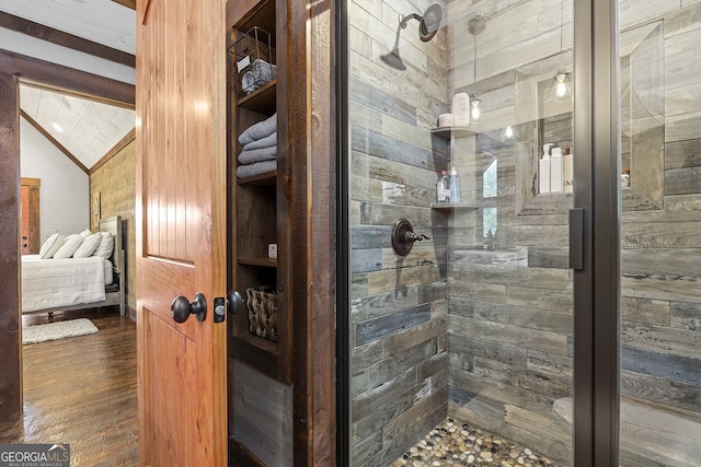 264 Pontoosuc Dr, Mineral Bluff, GA 30559 - ensuite bathroom featuring a stall shower, vaulted ceiling, ensuite bath, and wood finished floors
